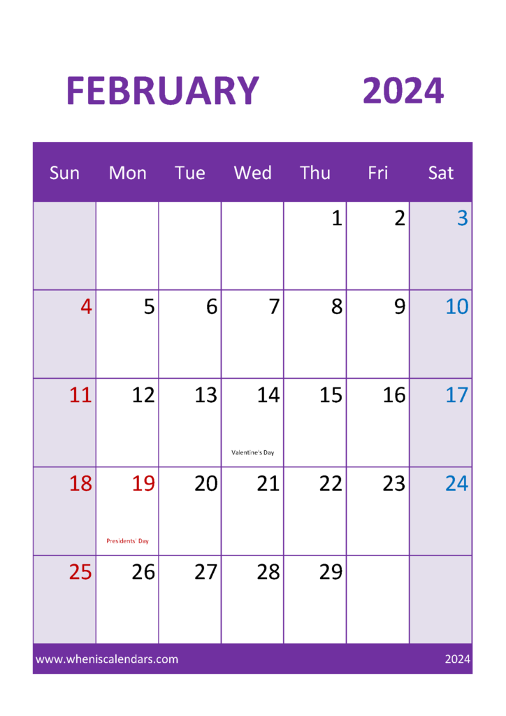 Download month of February 2024 Printable Calendar A4 Vertical 24054