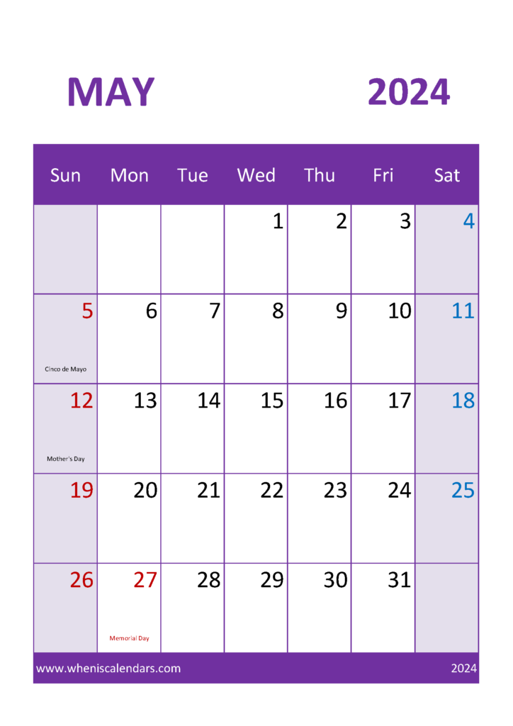 Month Of May 2024 Printable Calendar M5054