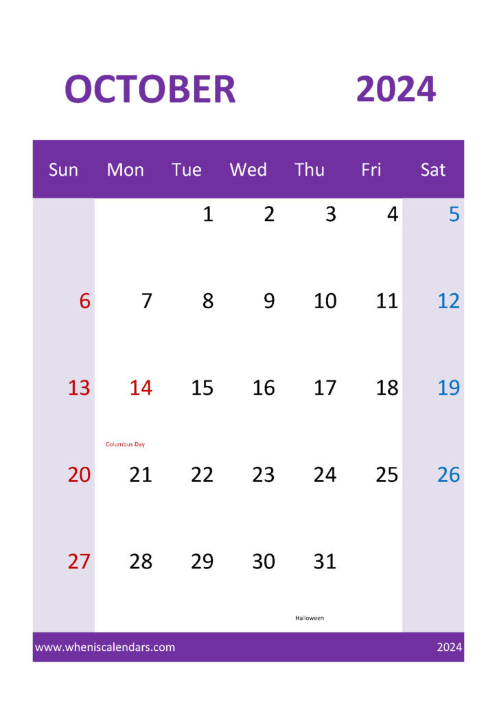 Download October 2024 Calendar print A4 Vertical 104055