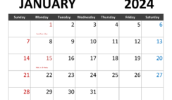 Download Free January Calendar 2024 Letter Horizontal J4061