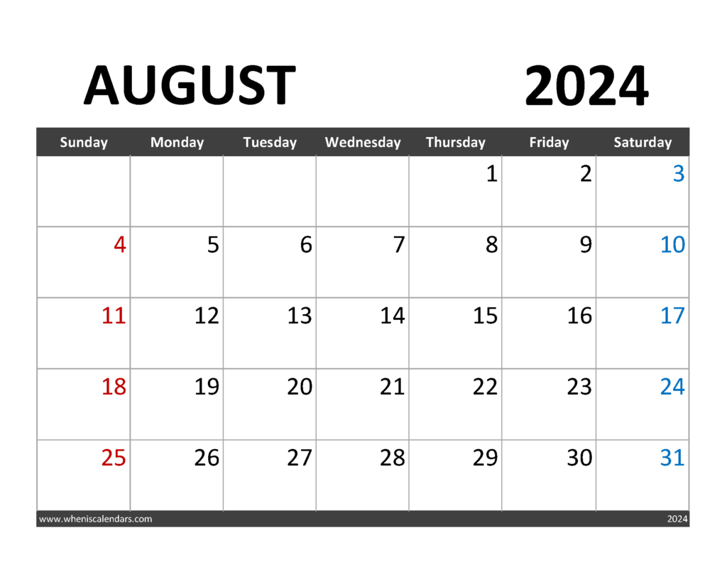 Download Free August Calendar 2024 Letter Horizontal 84061