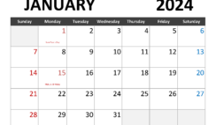 Download January 2024 Calendar to print Letter Horizontal J4063