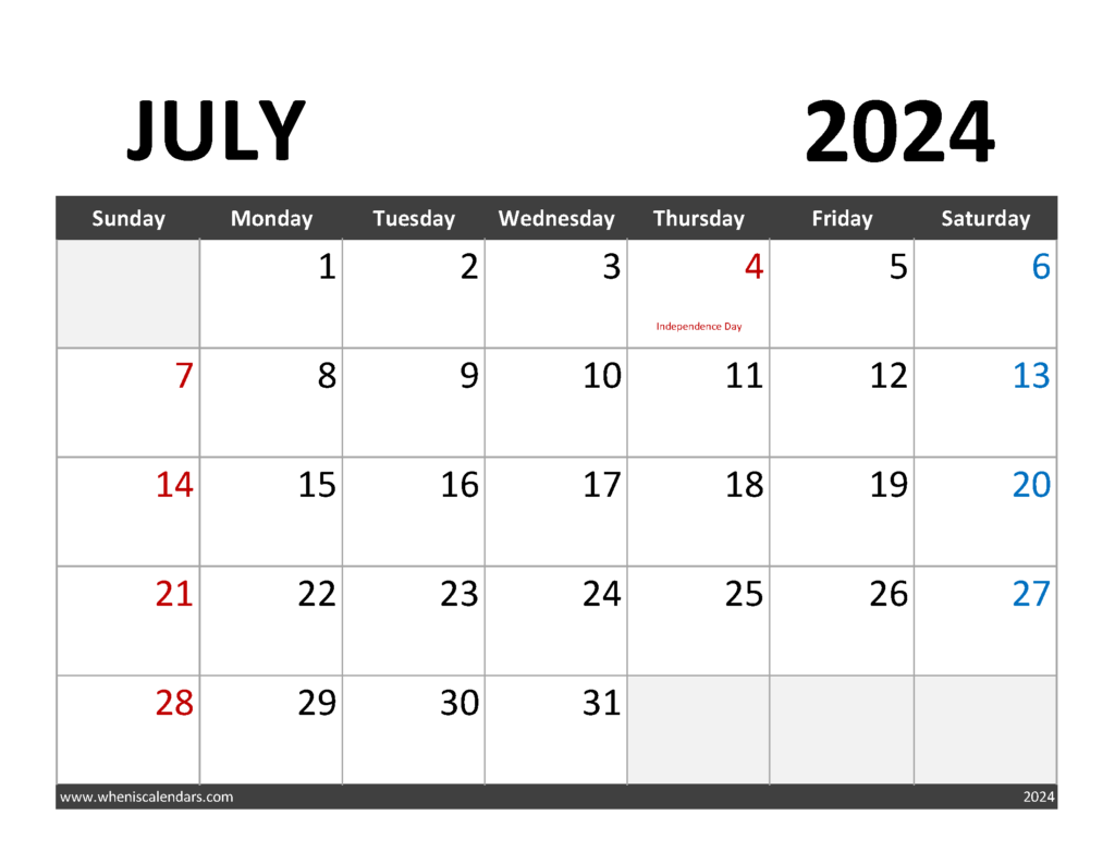 Download July 2024 Calendar to print Letter Horizontal 74063