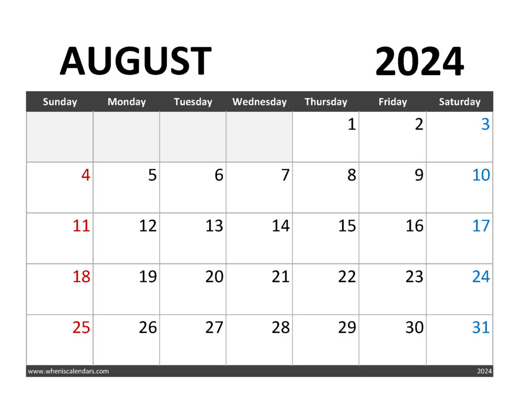 Download August 2024 Calendar to print Letter Horizontal 84063