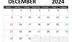 Printable December 2024 Calendar with lines D1343