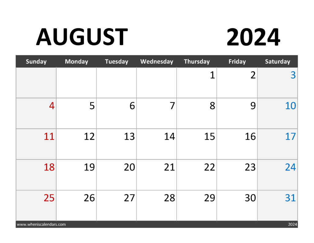 Download editable Calendar August 2024 Letter Horizontal 84064