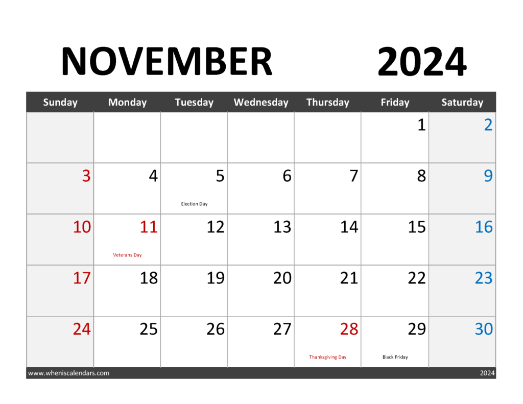 Download editable Calendar November 2024 Letter Horizontal 114064