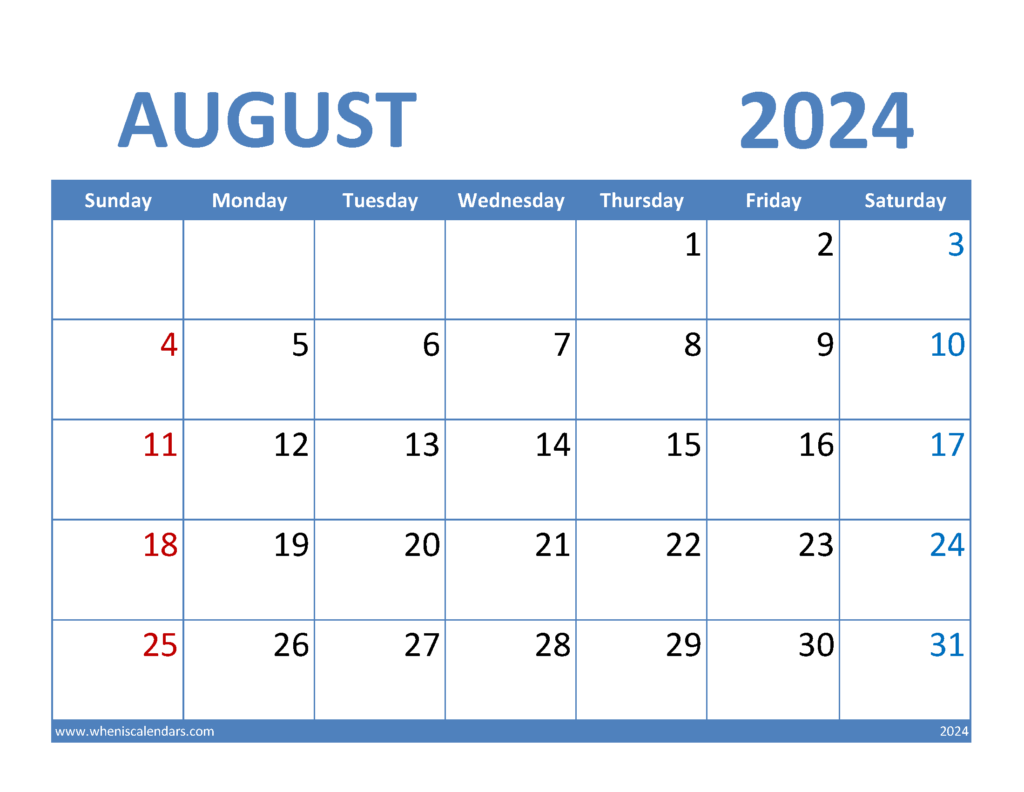 Download August 2024 Calendar Blank Letter Horizontal 84066