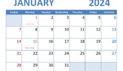 Download January 2024 monthly Calendar Printable Letter Horizontal J4068