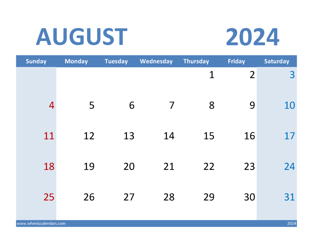 Download Blank Calendar Template August 2024 Letter Horizontal 84070