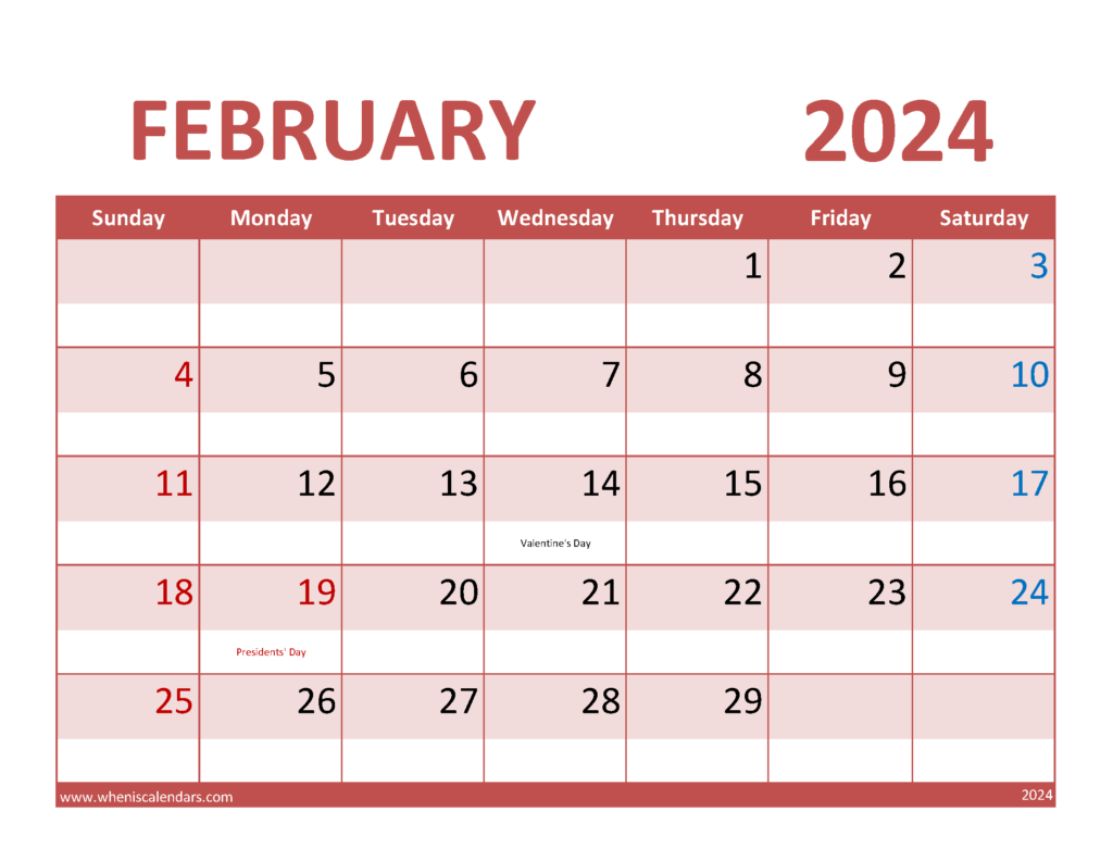 Download Free Printable Calendar for February 2024 Letter Horizontal 24072