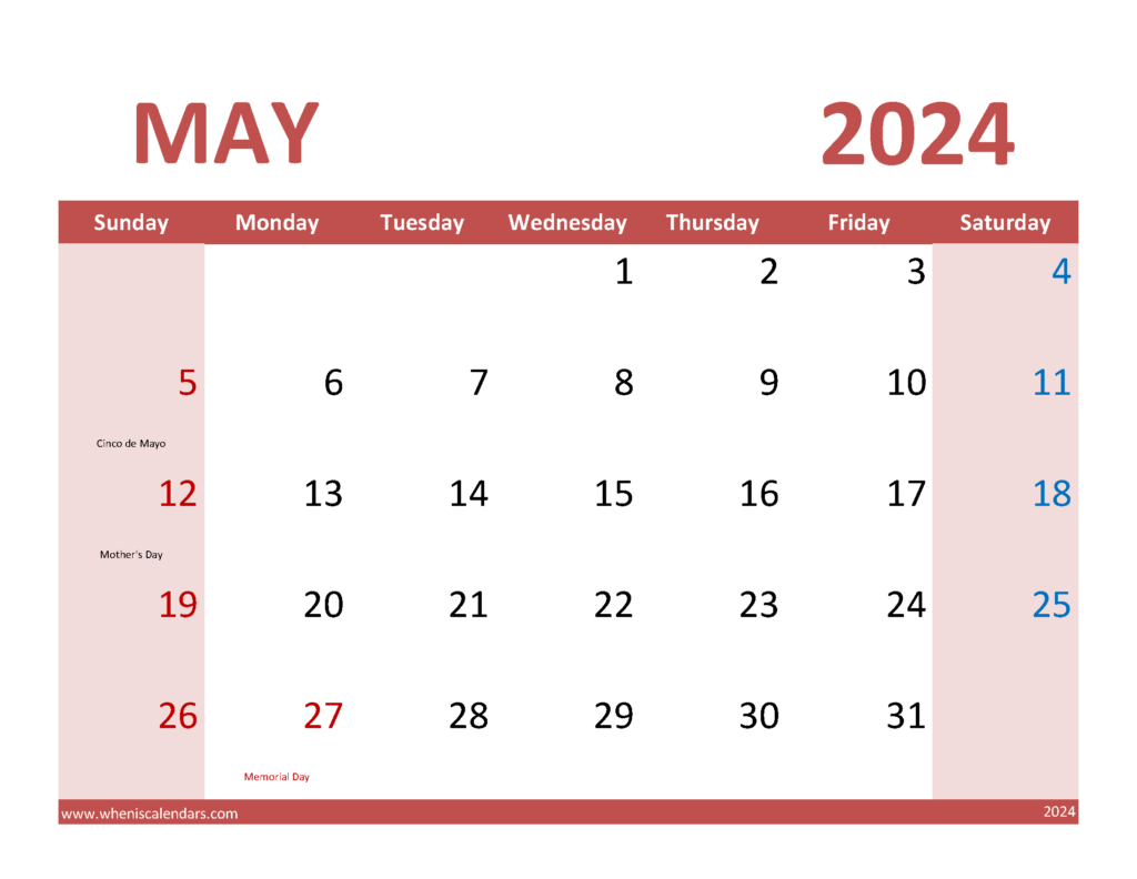 Download May Calendar 2024 with Holidays Letter Horizontal 54075