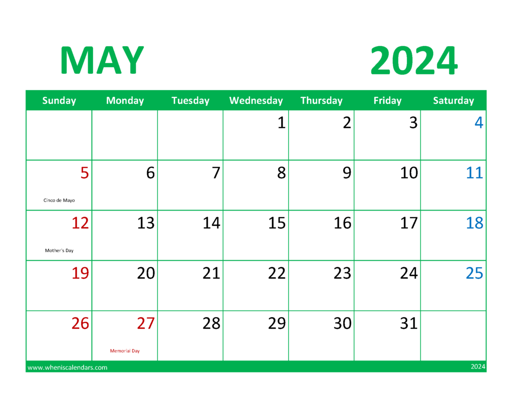 Calendar May 2024 Printable Free M5076