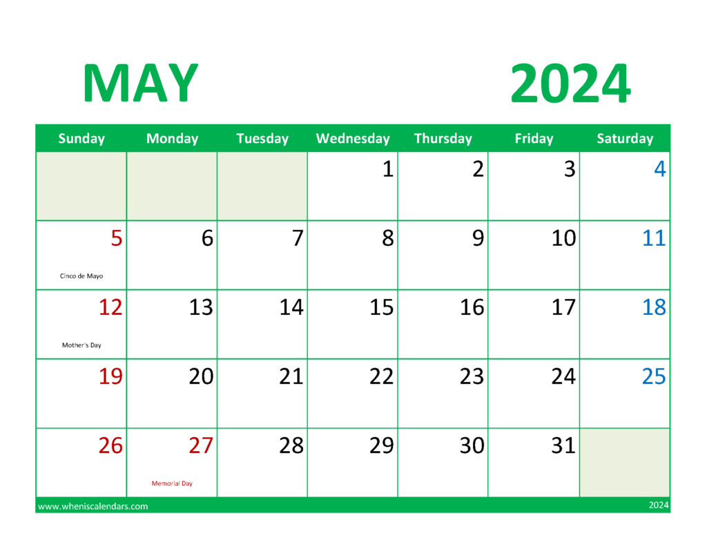 Download Blank Calendar May 2024 Letter Horizontal 54078