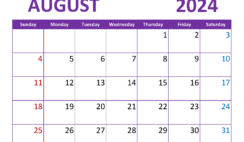 August 2024 Monthly Calendar Free Printable A8361