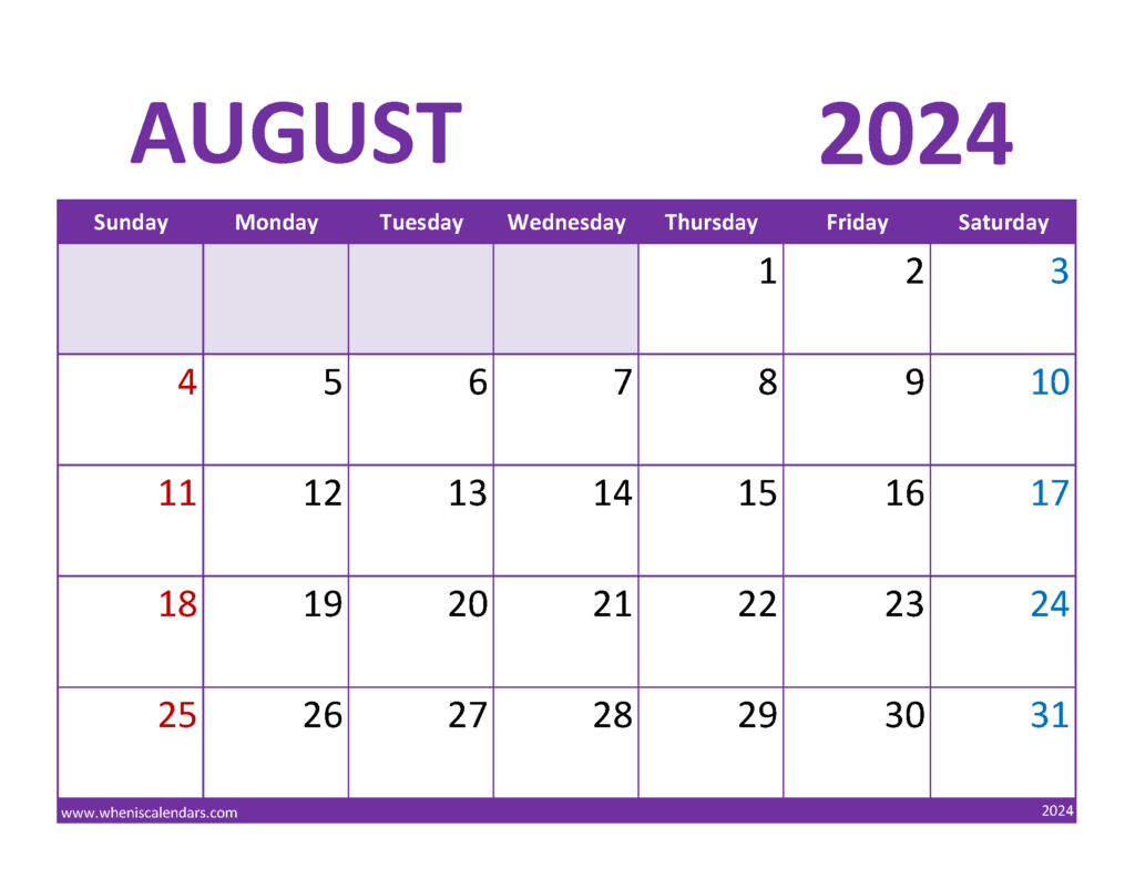 Download August 2024 Calendar Holidays list Letter Horizontal 84083