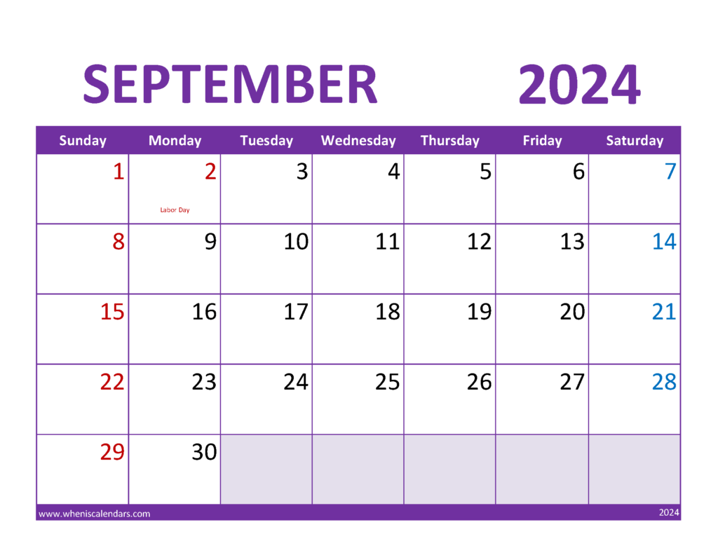 Download September 2024 Calendar Holidays list Letter Horizontal 94083