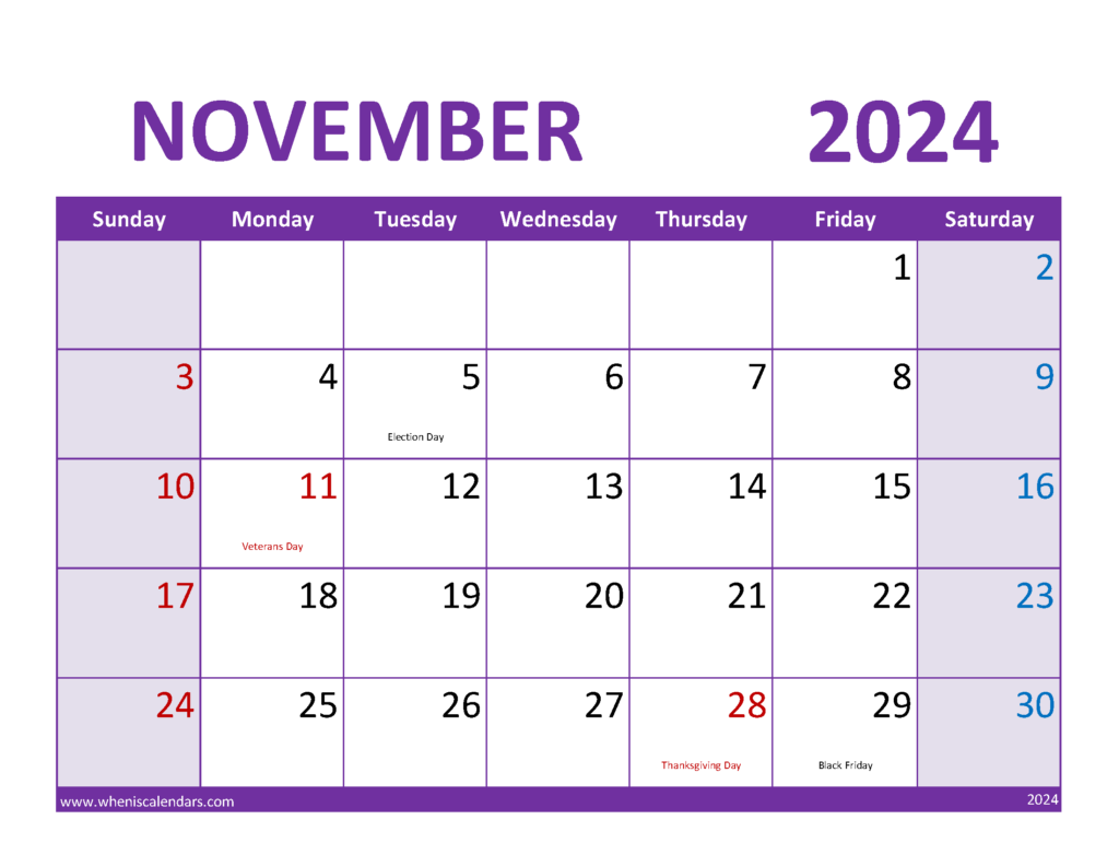 Download Printable November 2024 Calendar Free Letter Horizontal 114084