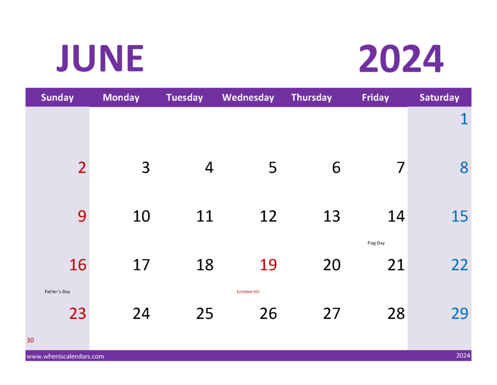 Download print June 2024 Calendar Free Letter Horizontal 64085