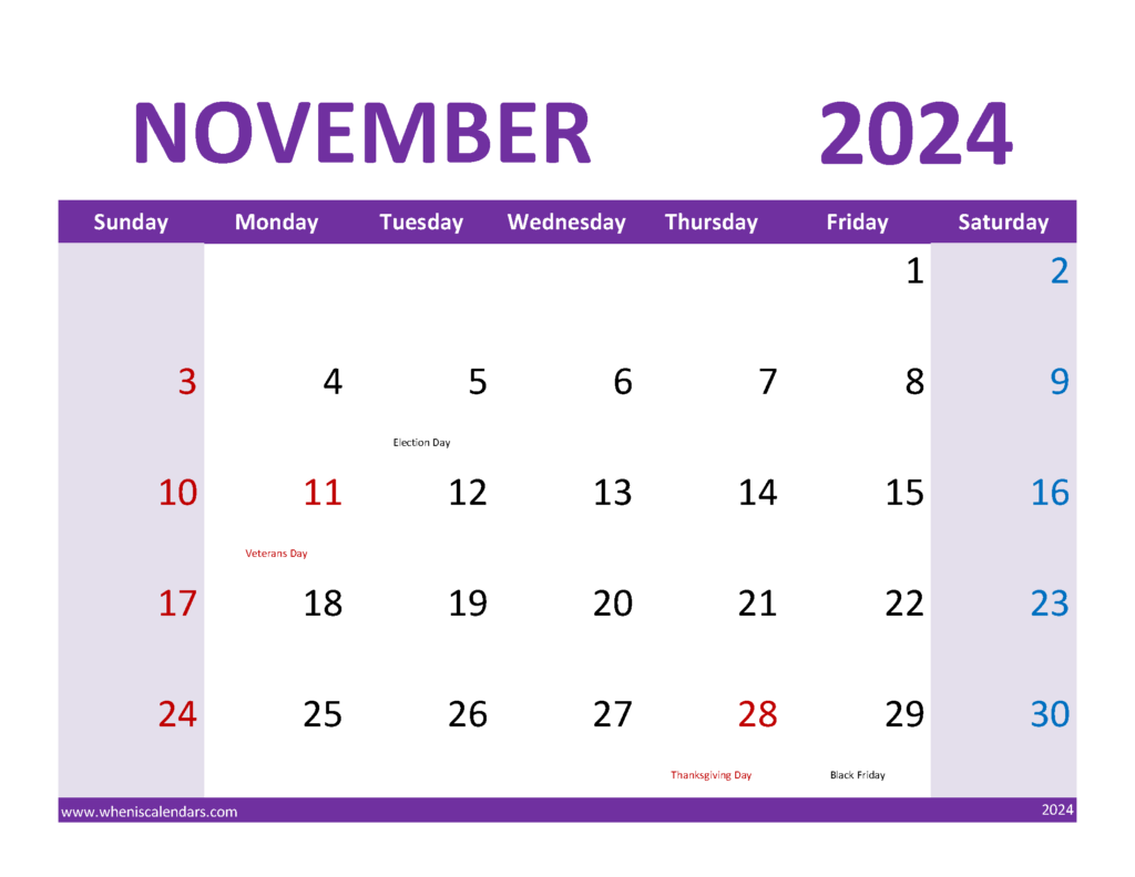 Download print November 2024 Calendar Free Letter Horizontal 114085