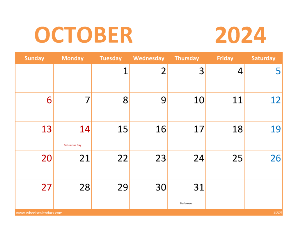 Download October Editable Calendar 2024 Letter Horizontal 104086