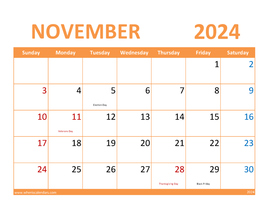 Download November editable Calendar 2024 Letter Horizontal 114086