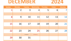 Printable Calendar Page for December 2024 D1367