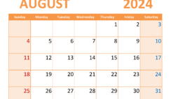 2024 Blank August Calendar to Print A8369