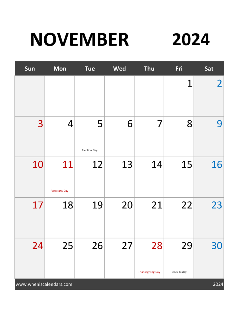 Download November Calendar 2024 Holidays Letter Vertical 114094