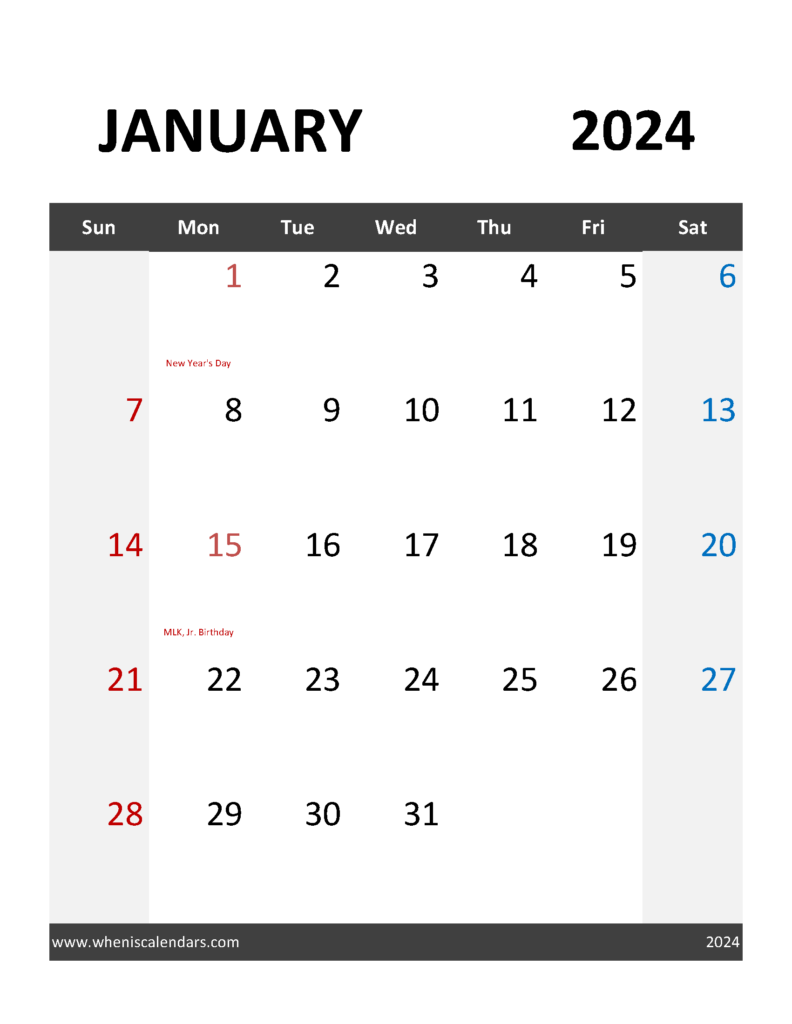 Download Blank 2024 January Calendar Letter Vertical J4095