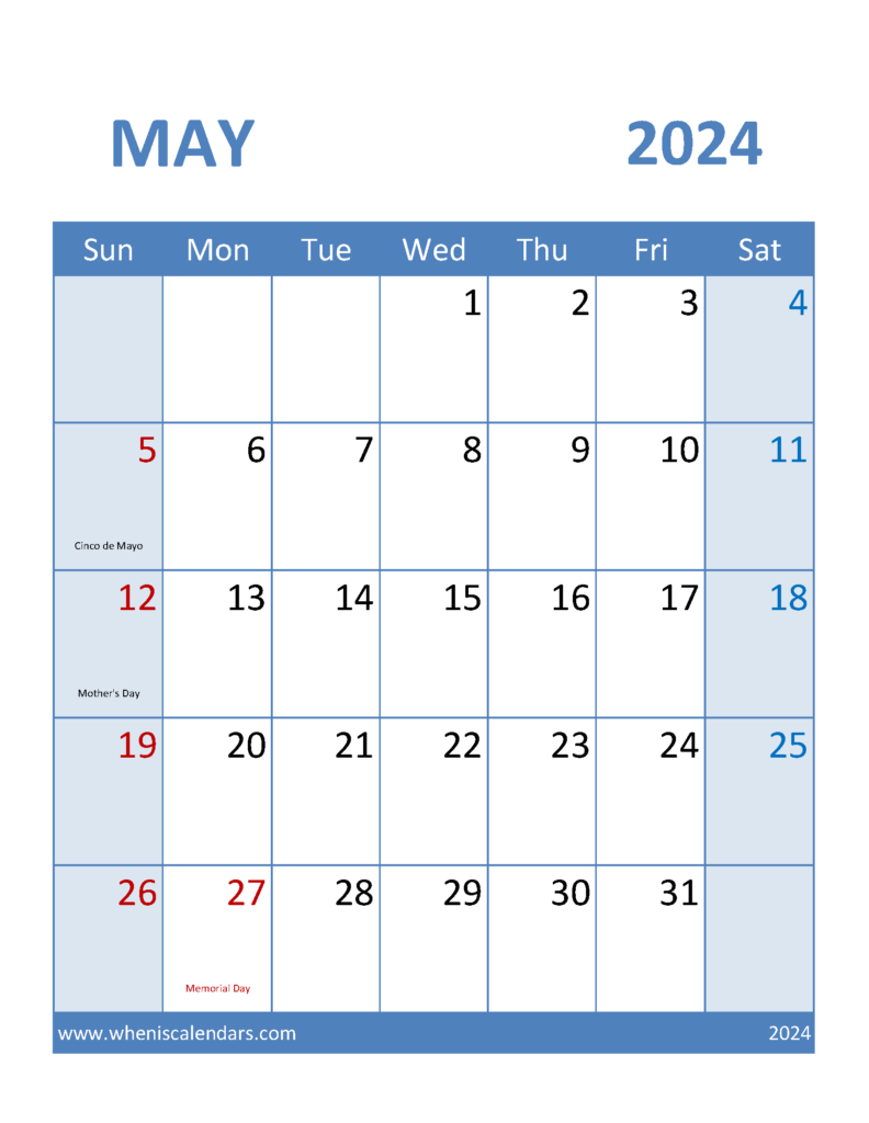 Free Printable Monthly Calendar May 2024 M5099