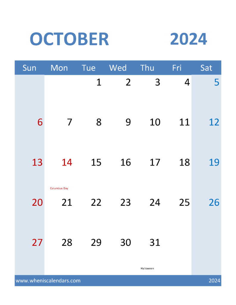 Download Oct 2024 Blank Calendar Letter Vertical 104100