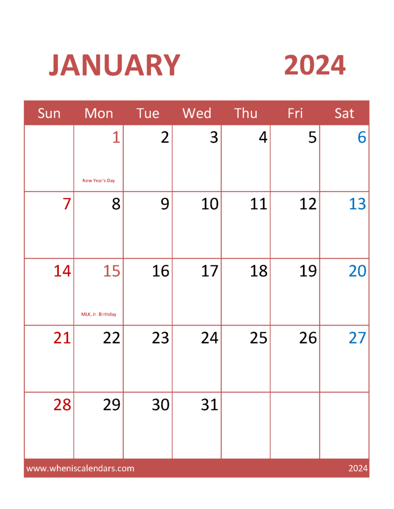 Download January Printable Calendar 2024 Free Letter Vertical J4101