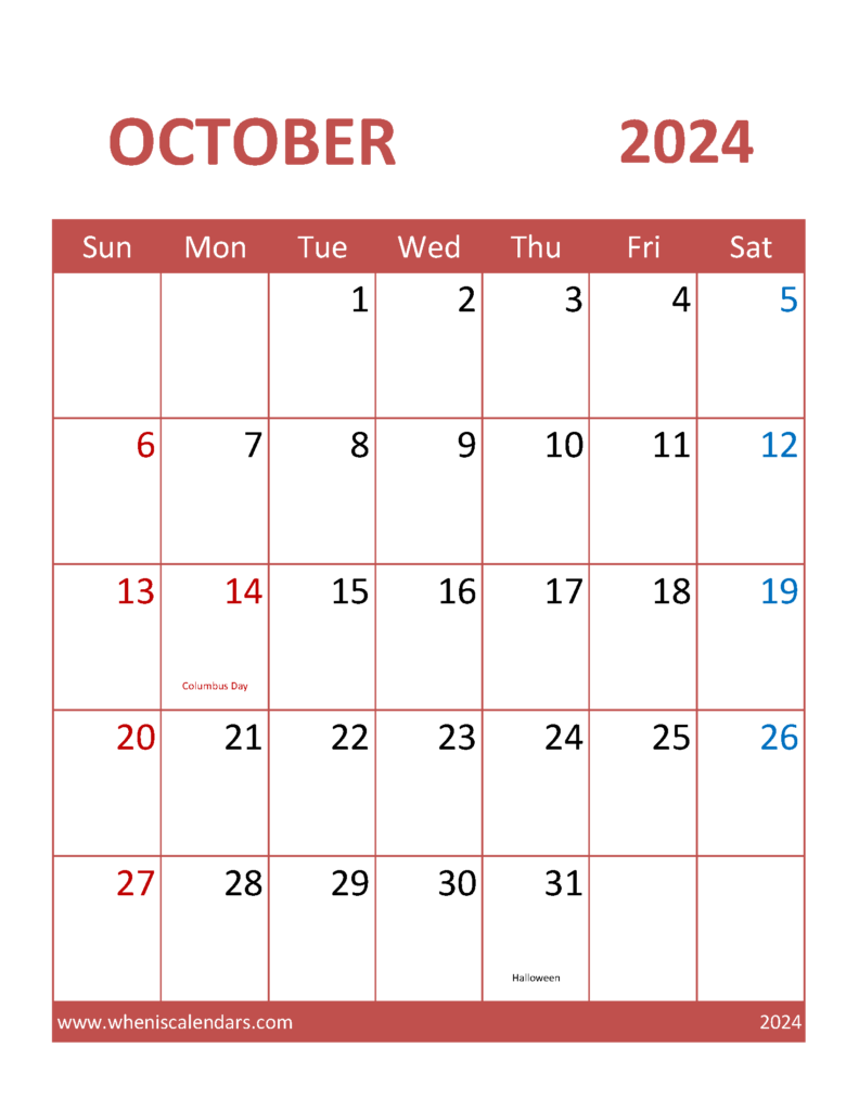 Download October Printable Calendar 2024 Free Letter Vertical 104101