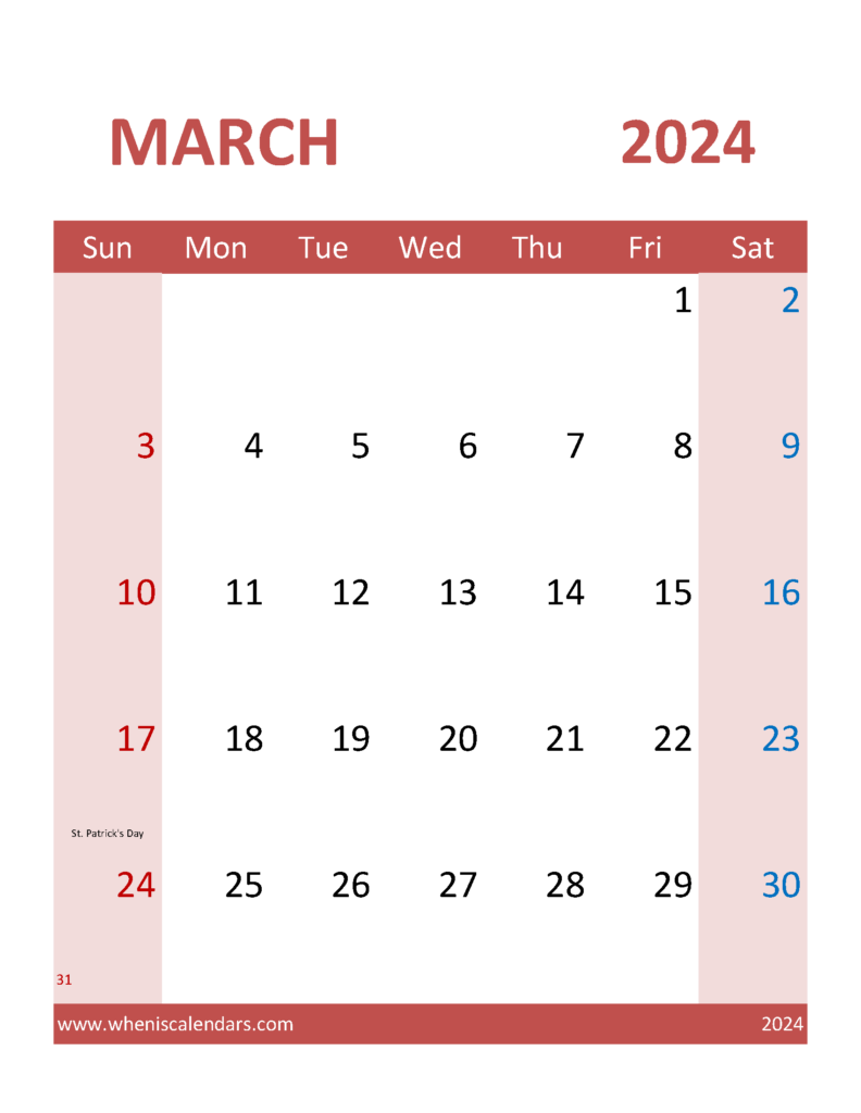 Download March 2024 Calendar word Template Letter Vertical 34105