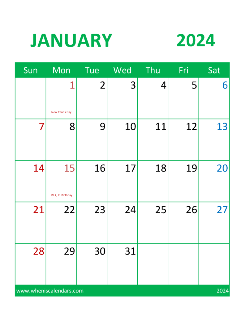 Download January 2024 Calendar Printable cute Letter Vertical J4106