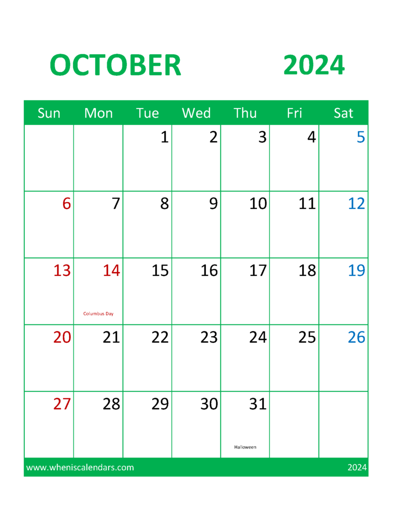 Download Print Oct 2024 Calendar Letter Vertical 104104