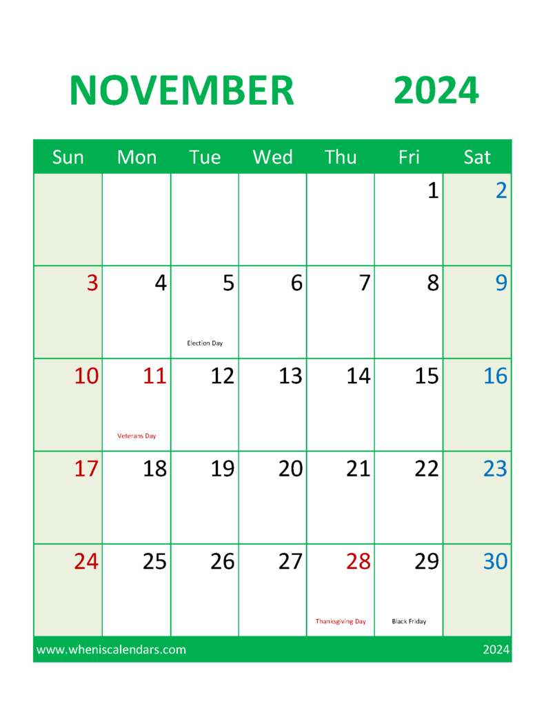 Download Printable Calendar November 2024 Free Letter Vertical 114109