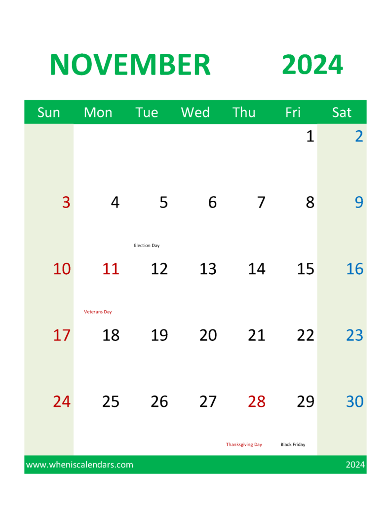 Download Blank Calendar 2024 November Letter Vertical 114110