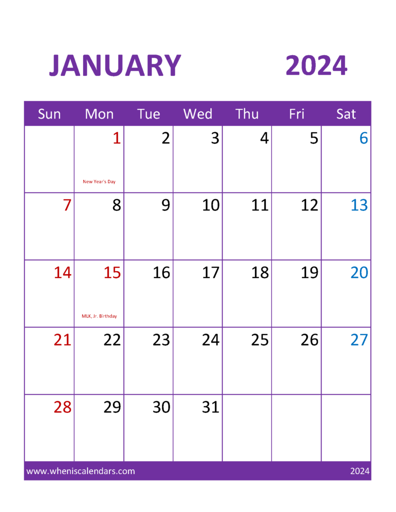 Download January 2024 Calendar editable word Letter Vertical J4111