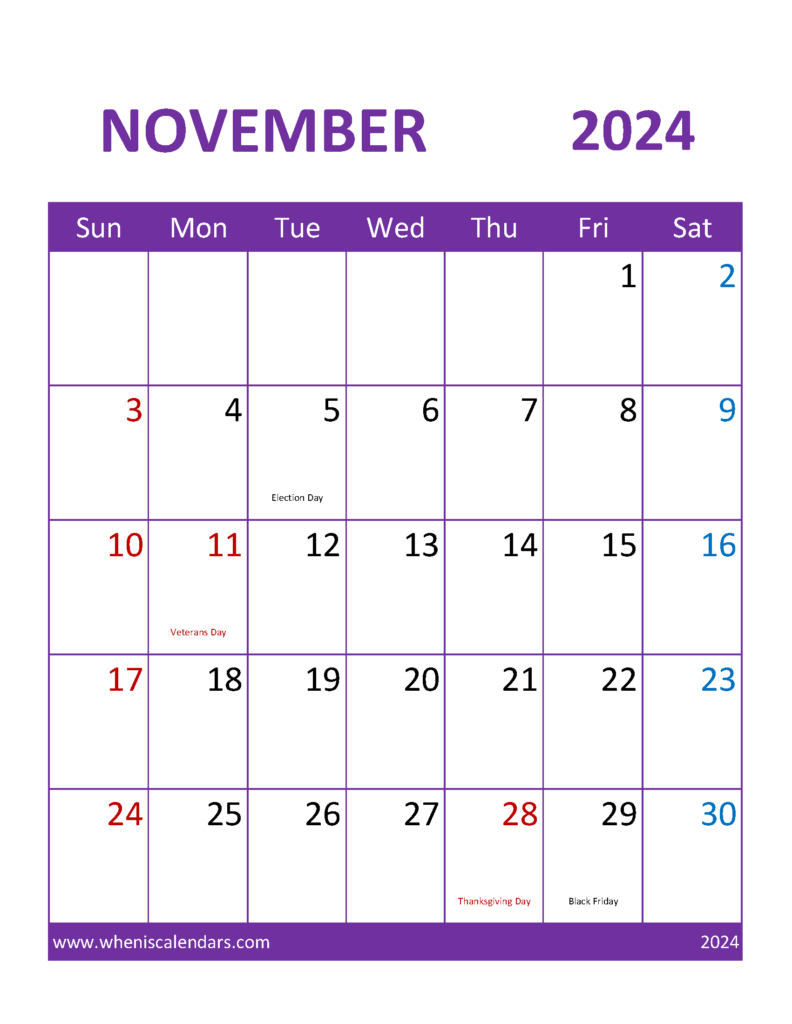 Download November 2024 Calendar editable word Letter Vertical 114111