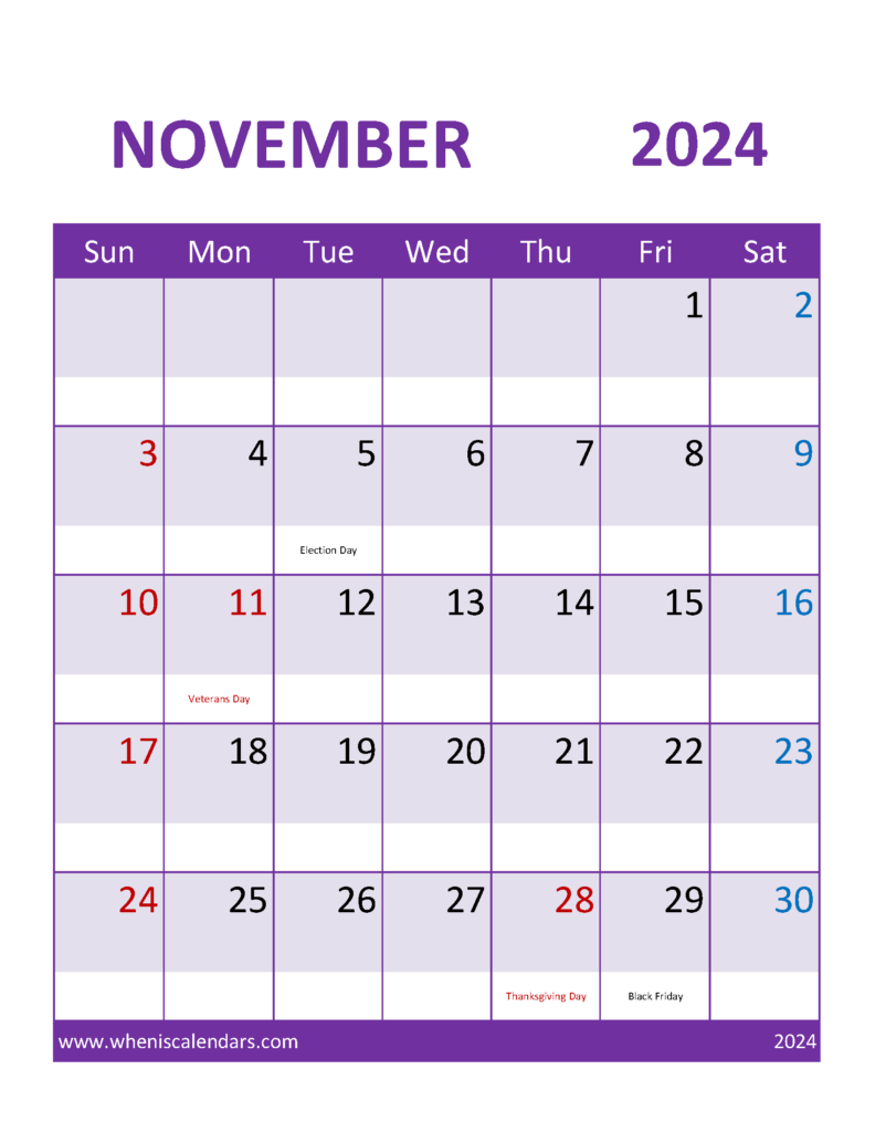 Download Blank Printable November 2024 Calendar Letter Vertical 114112