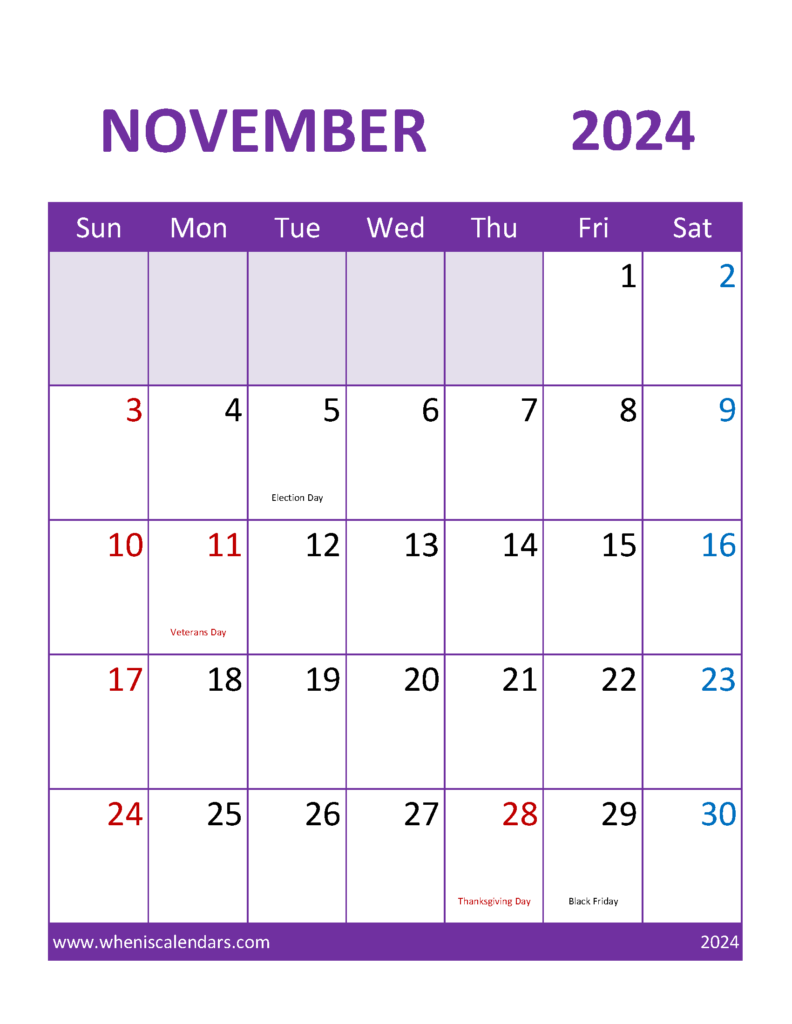 Download Free November 2024 Calendar Template Letter Vertical 114113