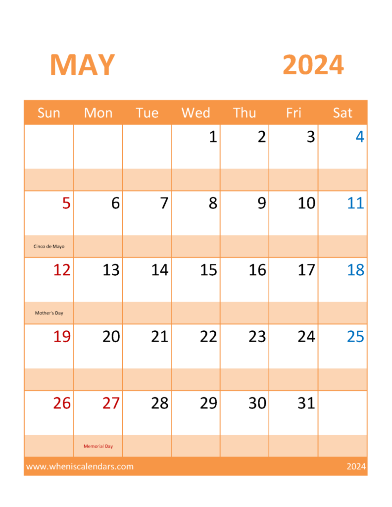 Download Free May 2024 Printable Calendar Letter Vertical 54117