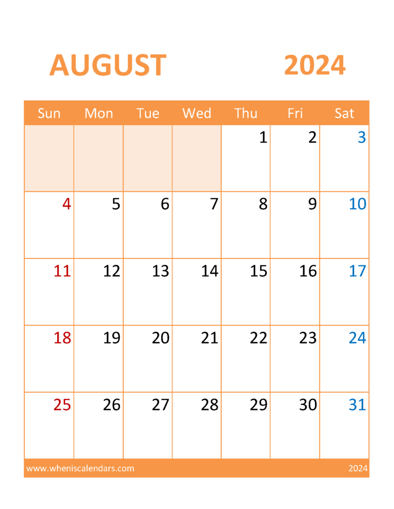 Download Calendar August 2024 excel Letter Vertical 84118