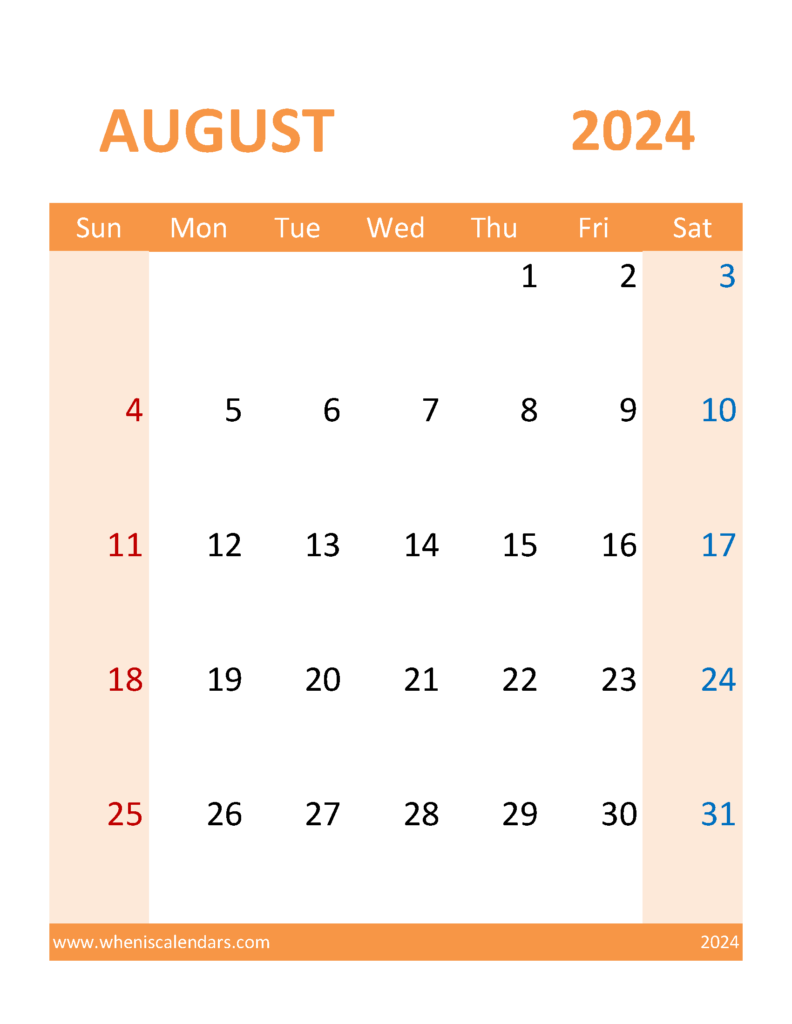 Download Blank Calendar Template 2024 August Letter Vertical 84120